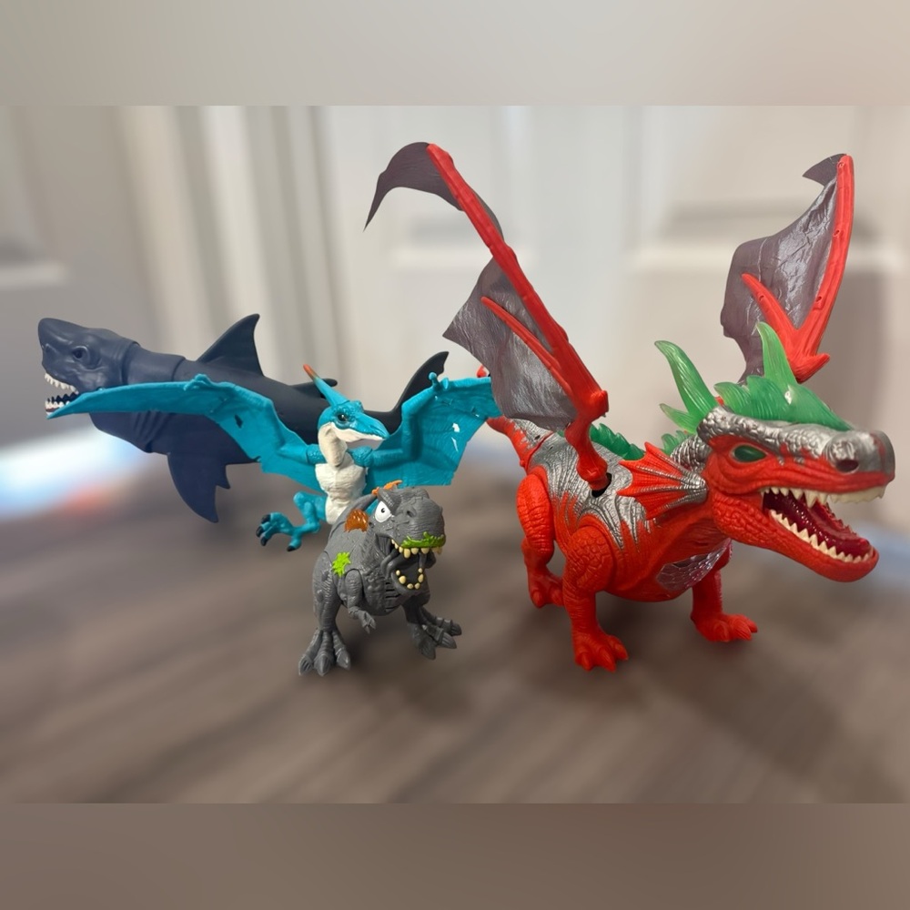 Toy lot, toy bundle, dinosaur toys, dragon toy, shark toy, boys toys, robots